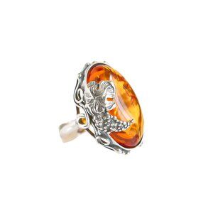 Baltic Cognac Amber Grape Leaf Statement Ring in 925 Sterling Silver